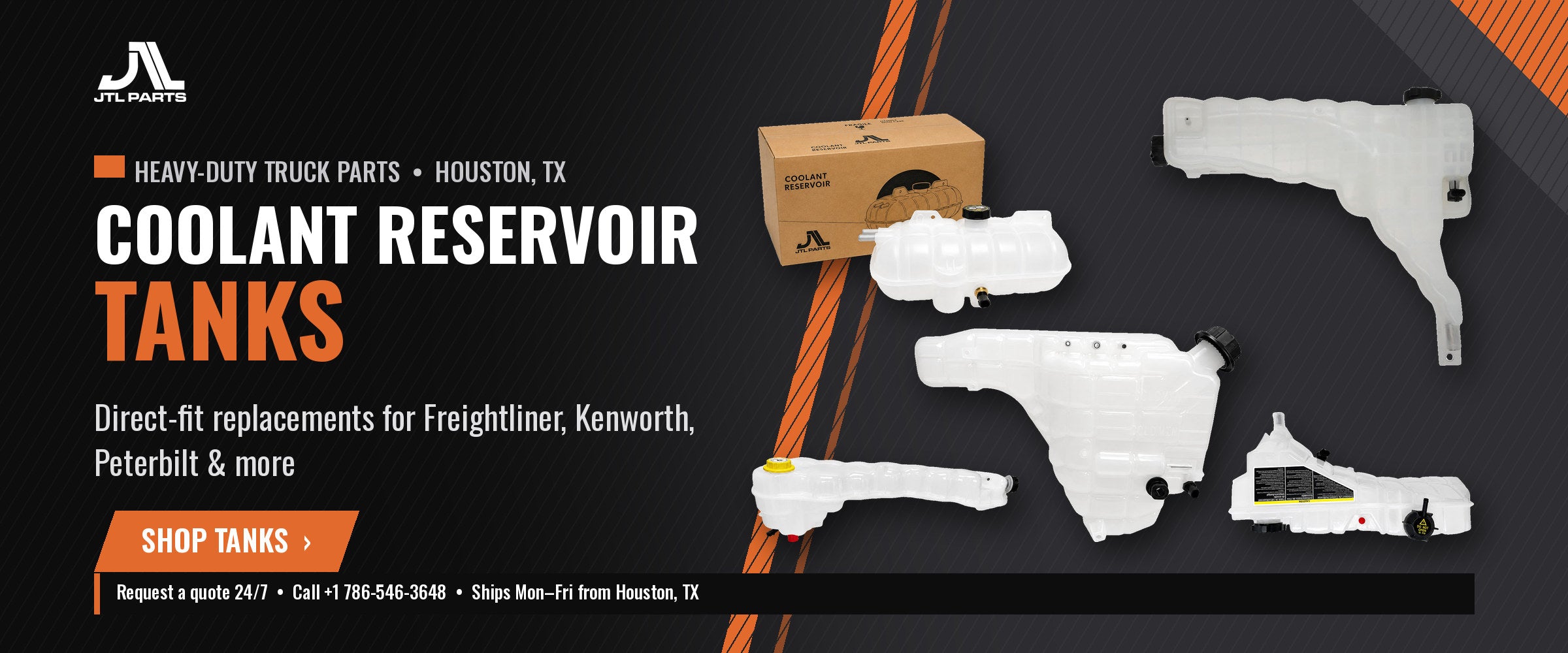 Coolant reservoir tanks for heavy-duty trucks - Freightliner, Kenworth, Peterbilt and more - Shop tanks at JTL Parts Houston TX